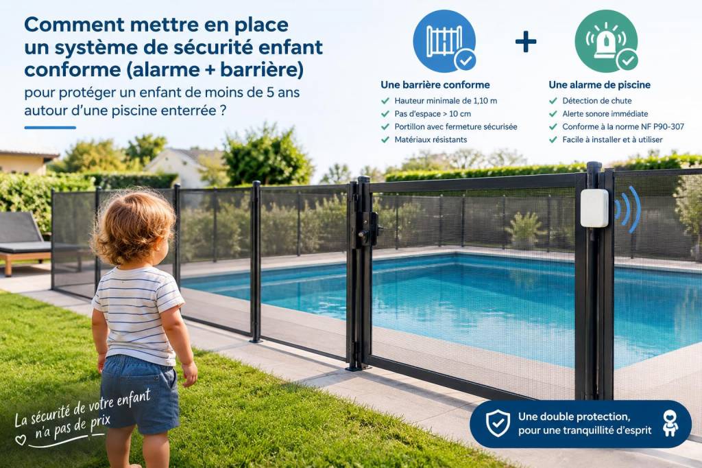 Comment mettre en place un système de sécurité enfant conforme (alarme + barrière) pour protéger un enfant de moins de 5 ans autour d’une piscine enterrée